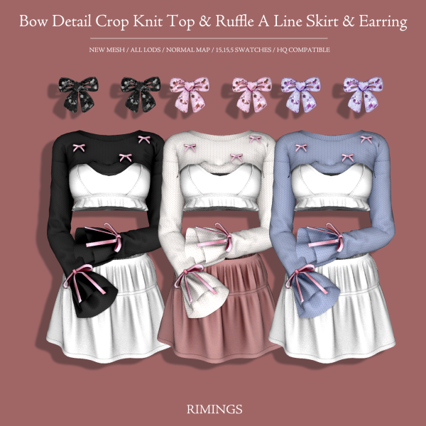 Alpha [RIMINGS] Bow Detail Crop Knit Top Ruffle A Line Skirt Earring by simsfinds - The Sims 4 Custom Content
