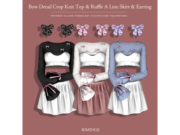 [RIMINGS] Bow Detail Crop Knit Top & Ruffle A Line Skirt & Earring by RIMINGs