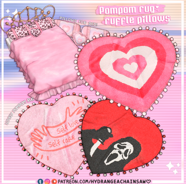 Alpha Heart pompom rug ruffle pillows by hydrangeachainsaw - The Sims 4 Custom Content