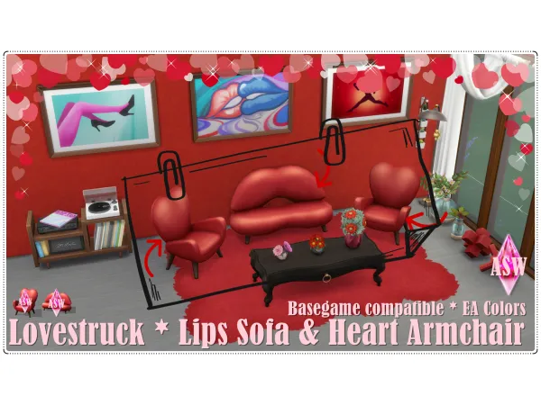 Lovestruck * Lips Sofa & Heart Armchair by AnnettsSims4Welt