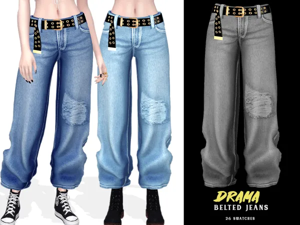 Alpha Drama Belted Jeans by grafity-cc - The Sims 4 Custom Content