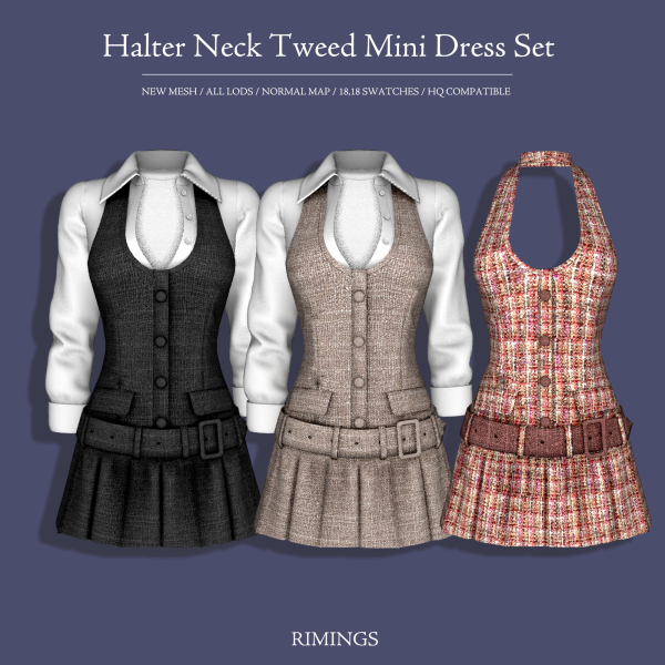 Alpha [RIMINGS] Halter Neck Tweed Mini Dress Set by simsfinds - The Sims 4 Custom Content