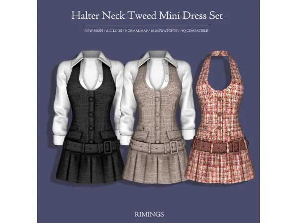 Alpha [RIMINGS] Halter Neck Tweed Mini Dress Set - The Sims 4 Custom Content