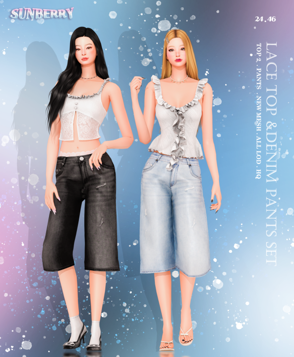 Alpha [SUNBERRY]Lace top Denim pants by simsfinds - The Sims 4 Custom Content