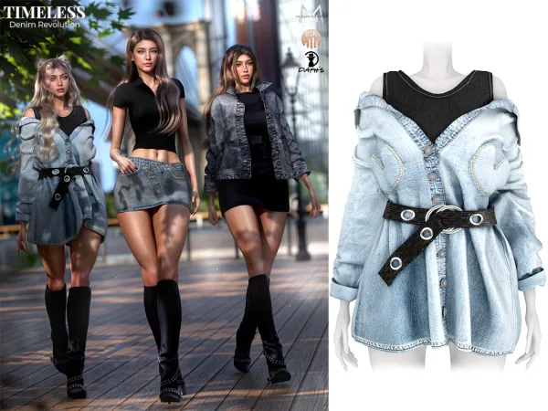 Alpha daph's Timeless Denim Revolution Tiffani low shoulder belted denim dress with heart detail S300 by daphsmods - The Sims 4 Custom Content