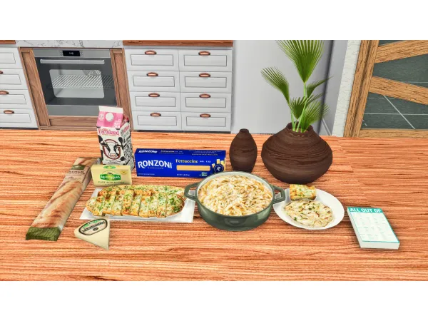 Mix Fettucine Alfredo with Cheesy Garlic Bread Custom Recipe - The Sims 4 Custom Content