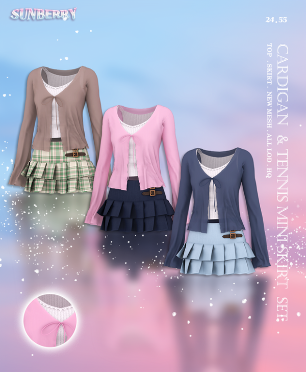 Alpha [SUNBERRY]Cardigan Sleeve Top Tennis Skirt by simsfinds - The Sims 4 Custom Content