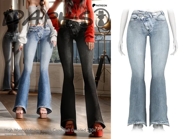 Alpha Daph's High Waist Wide Leg Jeans Cross Belt Detailed S304 - The Sims 4 Custom Content
