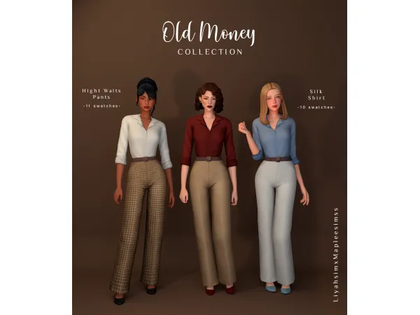 Maxis Match Old Money Collection Silk Shirt Hight Waist Pants Classic Heels by LiyahSim - The Sims 4 Custom Content