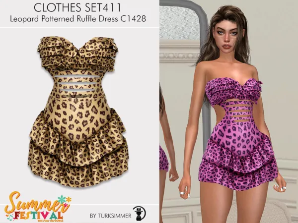 Mix Clothes SET411 Leopard Patterned Ruffle Dress C1428 - The Sims 4 Custom Content