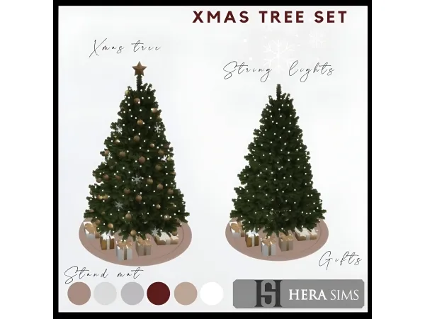 Xmas tree with ornaments & gifts & lights & stand mat - set