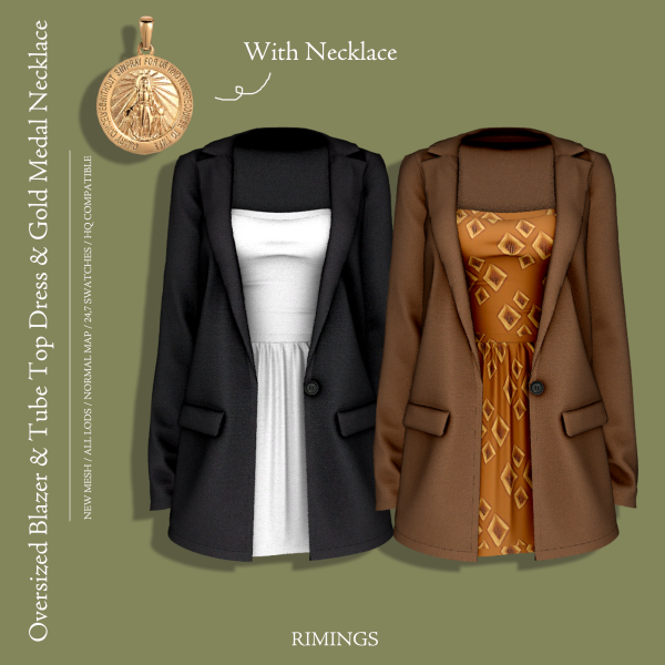Alpha [RIMINGS] Oversized Blazer & Tube Top Dress & Gold Medal Necklace by simsfinds - The Sims 4 custom content