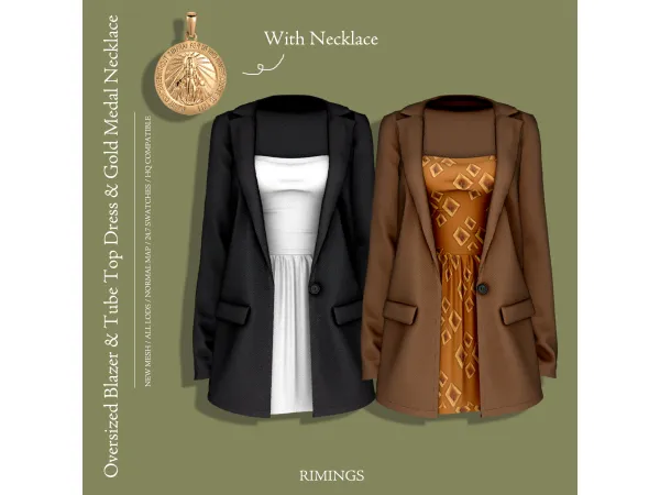 [Rimings] Oversized Blazer & Tube Top Dress & Gold Medal Necklace - The Sims 4 custom content