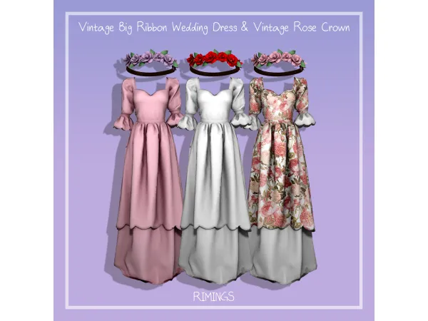 Alpha [RIMINGS] Vintage Big Ribbon Wedding Dress Vintage Rose Crown by RIMINGS - The Sims 4 Custom Content