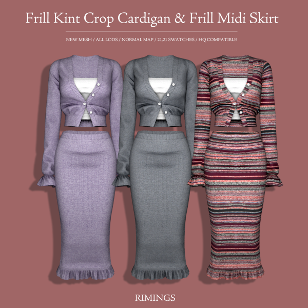 Alpha [RIMINGS] Frill Kint Crop Cardigan Frill Midi Skirt by simsfinds - The Sims 4 Custom Content