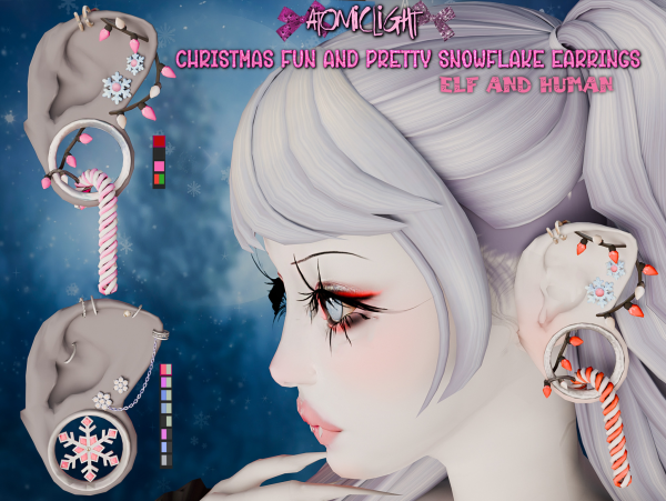 Maxis Match Two earrings Christmas Fun and Pretty Snowflake for atomiclight ears mod by Atomiclight - The Sims 4 Custom Content
