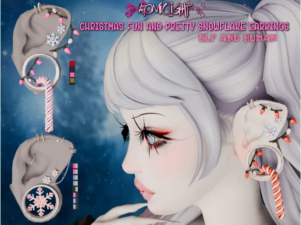 Two earrings: Christmas Fun and Pretty Snowflake for atomiclight ears mod by Atomiclight