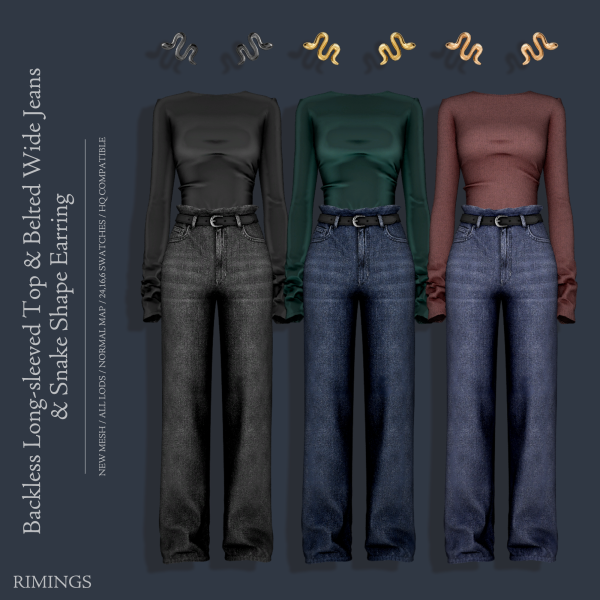 Alpha [RIMINGS] Backless Long sleeved Top Belted Wide Jeans Earring by simsfinds - The Sims 4 Custom Content