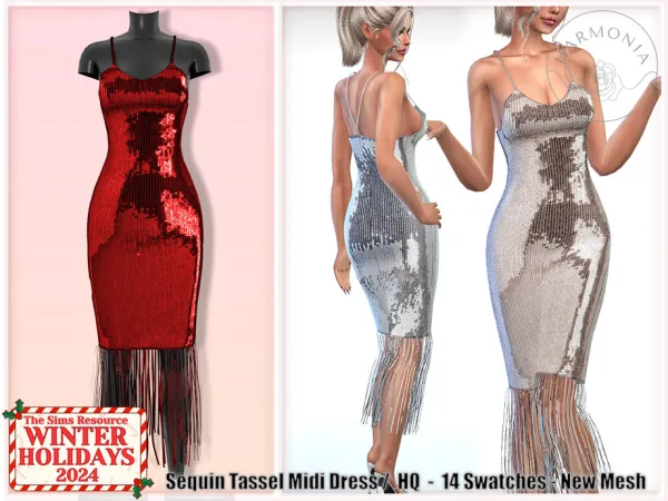 Alpha Winter Holidays 2024 Sequin Tassel Midi Dress by Harmonia - The Sims 4 Custom Content