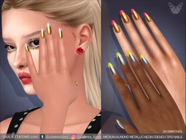 Alpha Medium Almond Metallic Neon French Nails by feyona - The Sims 4 custom content