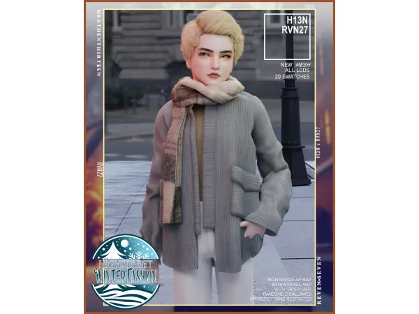 Mix Child's Oversized Long Blouson Jacket with Fleece Scarf by rvn2seven - The Sims 4 Custom Content
