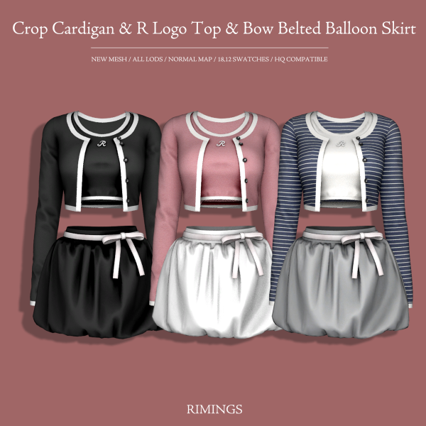 Alpha [RIMINGS] Crop Cardigan R Logo Top Bow Belted Balloon Skirt by simsfinds - The Sims 4 Custom Content
