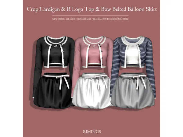 [RIMINGS] Crop Cardigan & R Logo Top & Bow Belted Balloon Skirt
