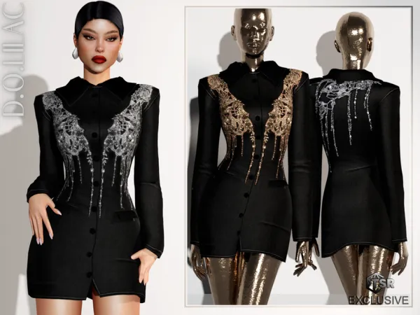 Alpha Embroidered Twill Jacket Dress DO0659 by d-o-lilac - The Sims 4 Custom Content