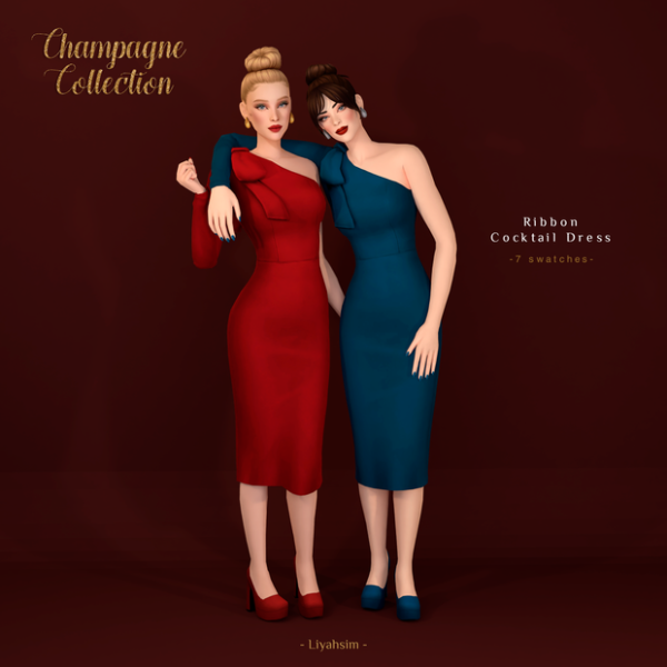 Maxis Match Champagne Collection Ribbon Cocktail Dress Platforms Nails Makeup by liyahsim - The Sims 4 Custom Content