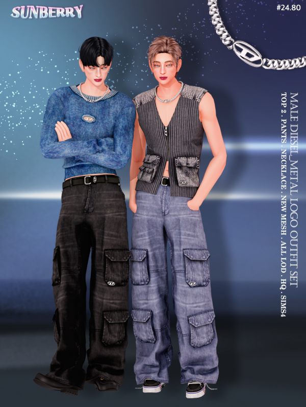 Alpha [SUNBERRY] 2480 male DIESEL_Metal Logo Outfit by simsfinds - The Sims 4 Custom Content