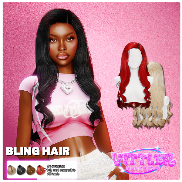 Alpha Bling Long Curls Hair by simsfinds - The Sims 4 Custom Content