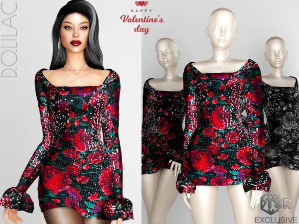 Alpha Valentine's Day Floral Sequin Embellished Open Back Mini Dress DO0236 by DOLilac - The Sims 4 Custom Content