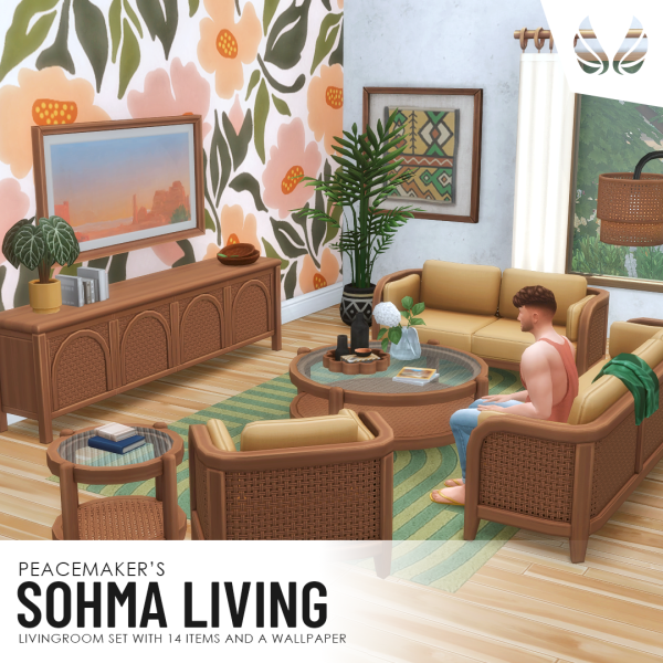 Maxis Match Sohma Living Rattan Living room set with 14 items and 1 Wallpaper by simsfinds - The Sims 4 Custom Content