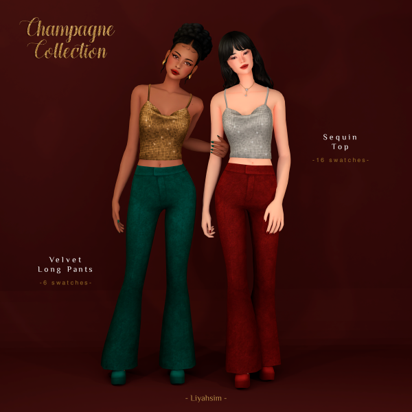 Maxis Match Champagne Collection Sequin Top Velvet Long Pants by liyahsim - The Sims 4 Custom Content