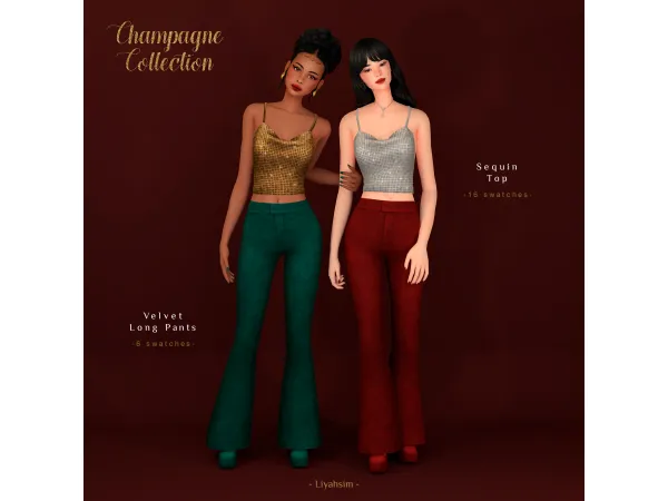 Maxis Match Champagne Collection Sequin Top Velvet Long Pants by LiyahSim - The Sims 4 Custom Content