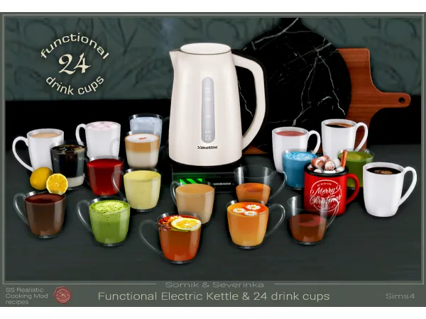 Alpha Functional Electric Kettle and 24 drinks by Somik_Severinka - The Sims 4 Custom Content