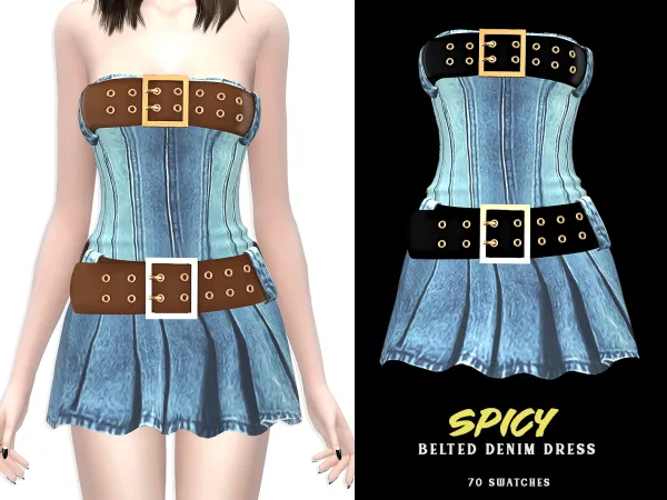 Alpha Spicy Belted Denim Dress by grafity-cc - The Sims 4 Custom Content