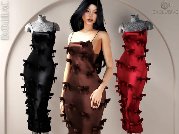 Alpha Bow Detailed Satin Midi Dress DO0730 by d-o-lilac - The Sims 4 Custom Content