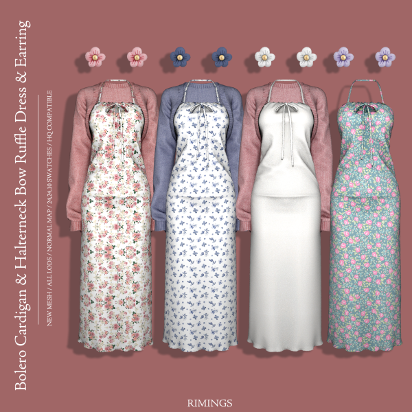 Alpha [RIMINGS] Bolero Cardigan Halterneck Bow Ruffle Dress Earring by simsfinds - The Sims 4 Custom Content