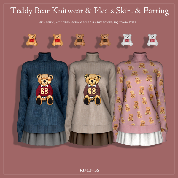 Alpha [RIMINGS] Teddy Bear Knitwear Pleats Skirt Earring by simsfinds - The Sims 4 Custom Content