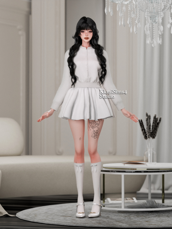 Alpha Skirt Bow calf socks Gold bow Mary Jane shoes by simsfinds - The Sims 4 Custom Content