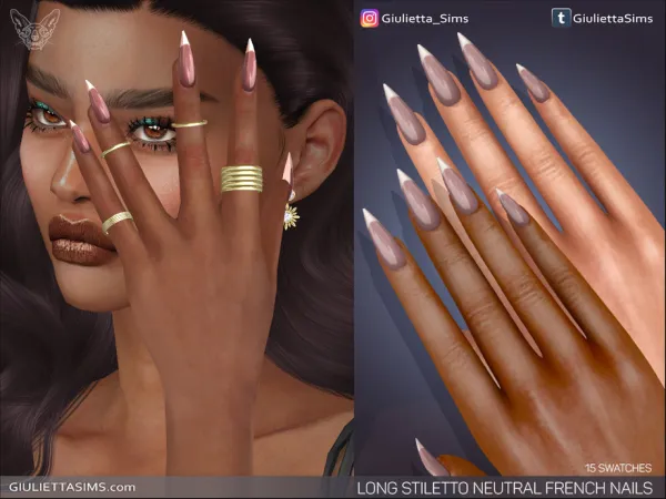Alpha Long Stiletto French Tips Neutral Colors Nails by feyona - The Sims 4 Custom Content