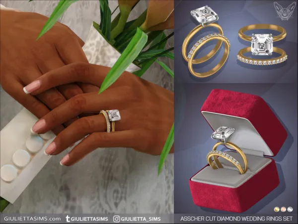 Alpha Asscher Cut Diamond Wedding Rings Set by feyona - The Sims 4 Custom Content