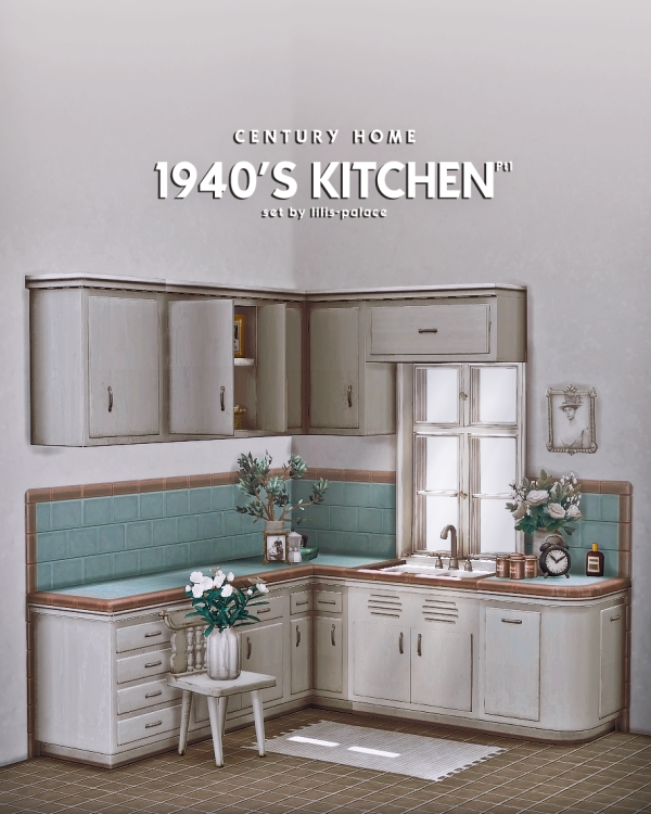 Maxis Match CENTURY HOME 1940's Kitchen Set by simsfinds - The Sims 4 Custom Content
