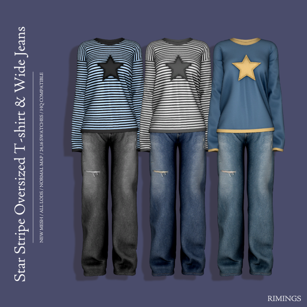 Alpha [RIMINGS] Star Stripe Oversized T shirt Wide Jeans by simsfinds - The Sims 4 Custom Content