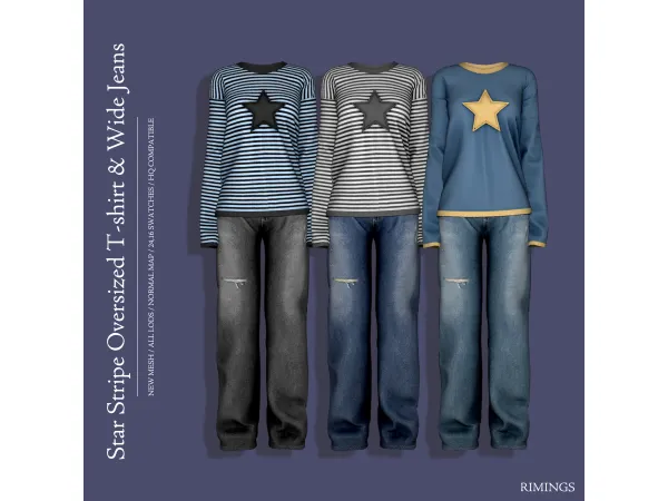Alpha [RIMINGS] Star Stripe Oversized T shirt Wide Jeans - The Sims 4 Custom Content