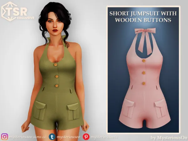 Alpha Short jumpsuit with wooden buttons by thesimsresource - The Sims 4 Custom Content