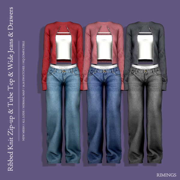 Alpha [RIMINGS] Ribbed Knit Zip up Tube Top Wide Jeans Drawers by simsfinds - The Sims 4 Custom Content