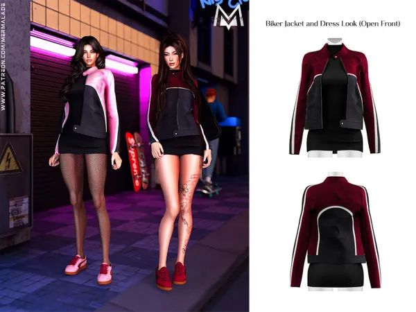 Alpha Street Vibe Set Biker Jacket and Dress Look by mermalade - The Sims 4 Custom Content