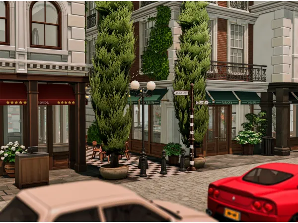 Maxis Match Crescent Row Shopping Strip [ Bridal Store Jewelry Store Restaurant ] by simsfinds - The Sims 4 Custom Content